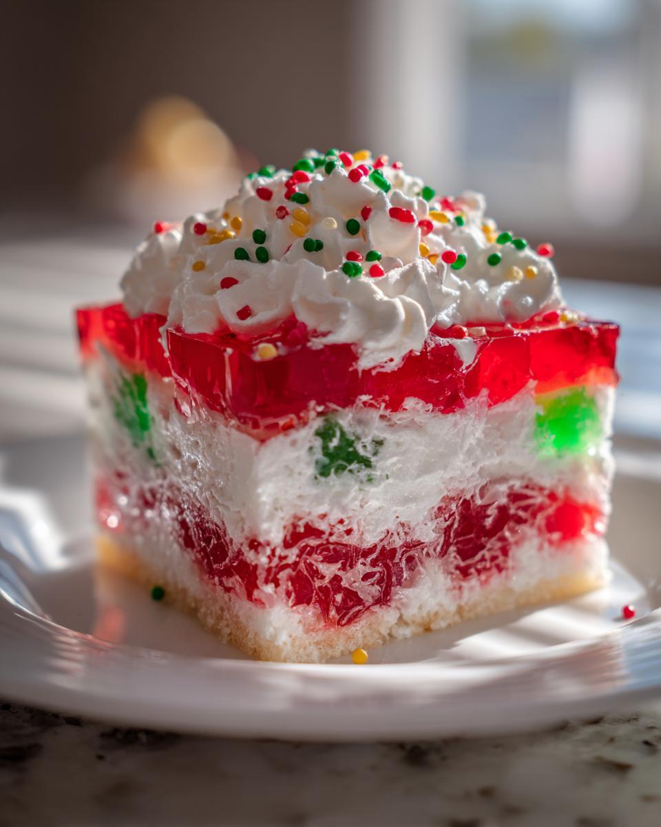 A colorful slice of christmas poke cake featuring layers of red and green gelatin, white cream, and festive sprinkles.