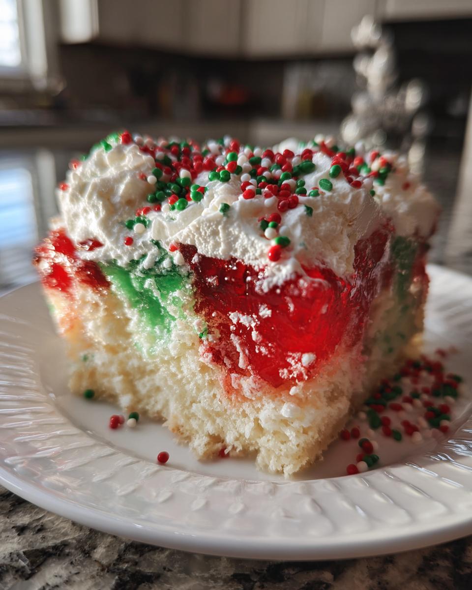 A moist slice of christmas poke cake featuring red and green gelatin layers, topped with whipped cream and festive sprinkles.