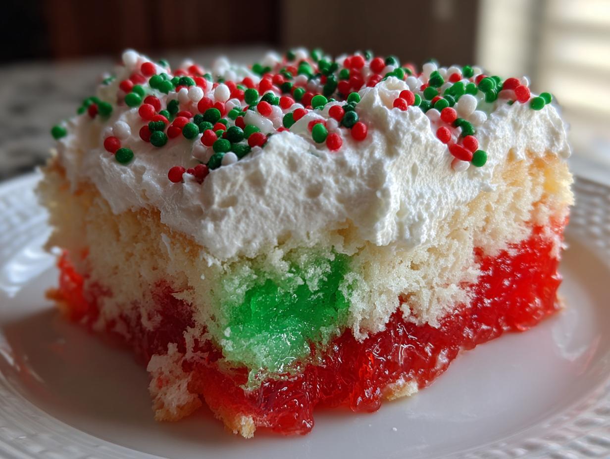 A close-up slice of christmas poke cake showing layers of white cake, red and green jello, whipped topping, and sprinkles.
