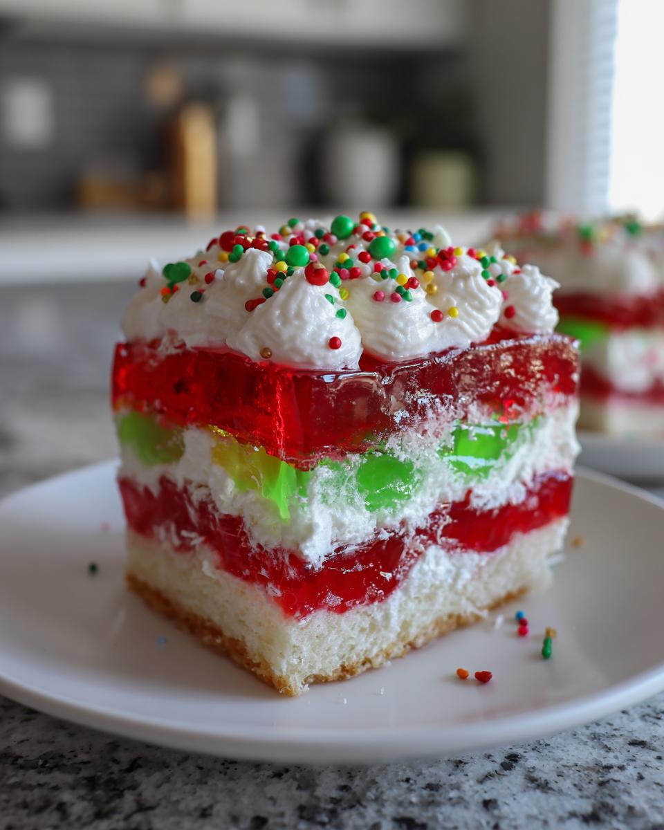 A layered slice of christmas poke cake featuring red and green gelatin, white cream, and holiday sprinkles.