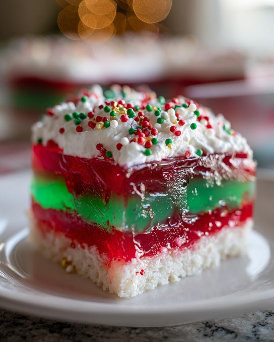 A square slice of vibrant red and green layered christmas poke cake topped with whipped cream and holiday sprinkles.