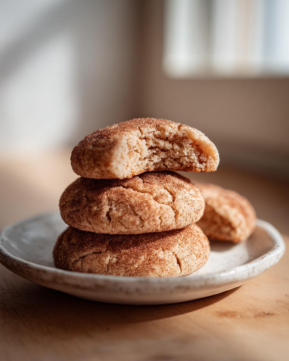 A stack of three soft, cinnamon-sugar coated applesauce cookies, with the top one having a bite taken out showing the soft interior.