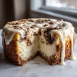 A rich cinnamon roll cheesecake with a slice removed, topped with gooey cinnamon swirl and dripping white icing.