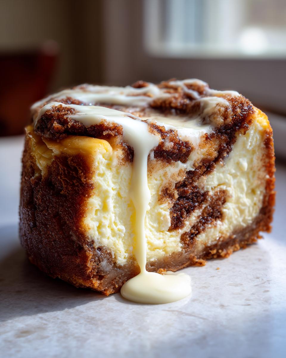 A decadent slice of cinnamon roll cheesecake with rich brown swirls and thick white icing dripping down the side.