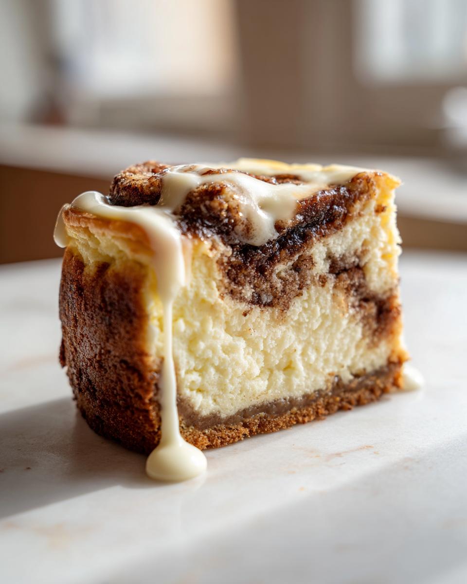 Close-up of a rich slice of cinnamon roll cheesecake with a marbled cinnamon swirl and thick white icing dripping down the side.