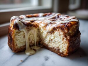 A close-up of a slice taken out of a rich cinnamon roll cheesecake, showing creamy filling and dripping vanilla icing.