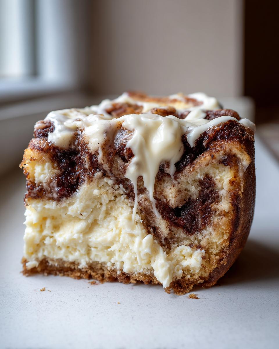 Close-up of a rich slice of cinnamon roll cheesecake featuring creamy filling, cinnamon swirl, and dripping cream cheese icing.