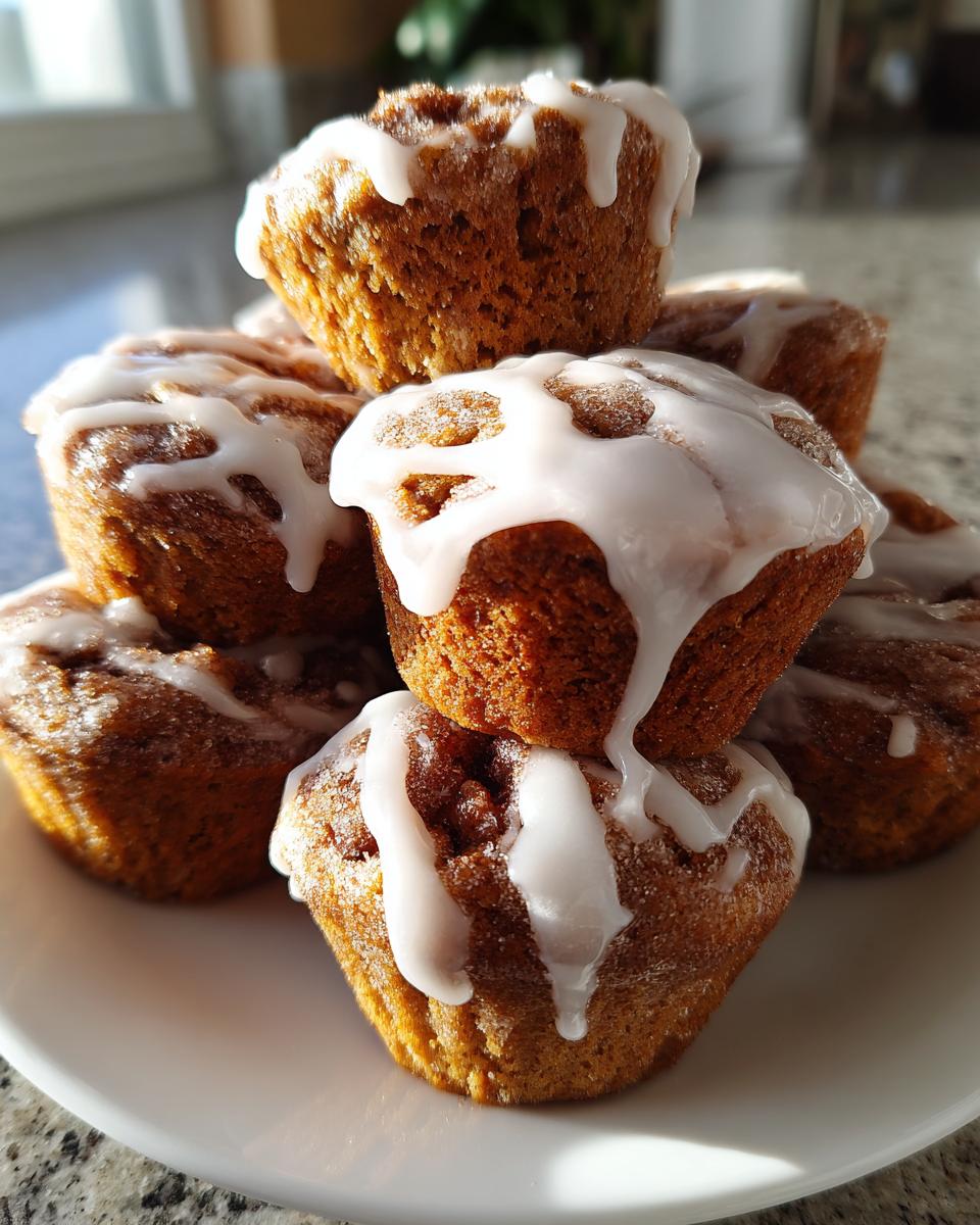A stack of freshly baked cinnamon roll muffins generously drizzled with white icing.