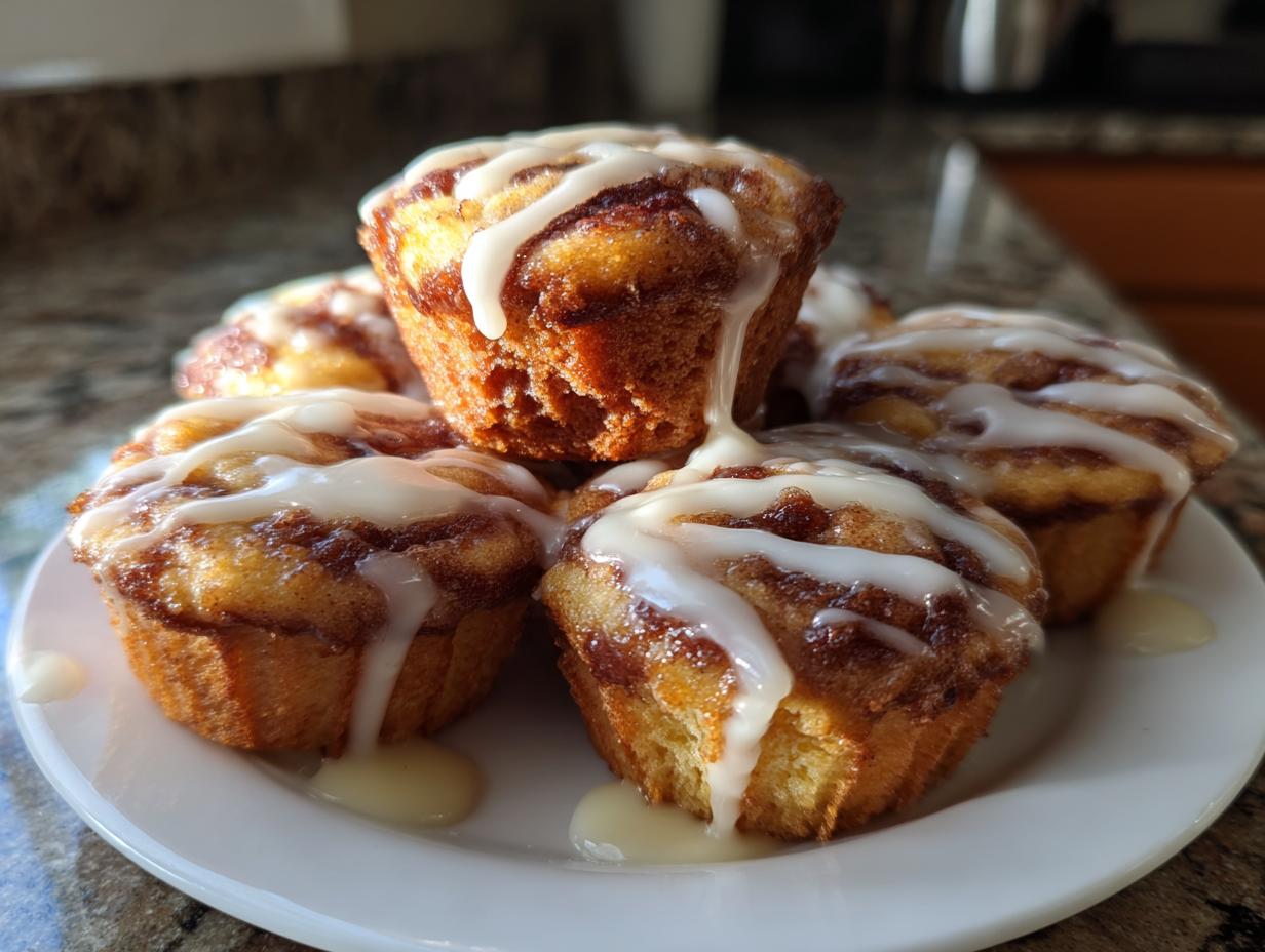 A stack of freshly baked cinnamon roll muffins topped generously with white vanilla icing drizzle.