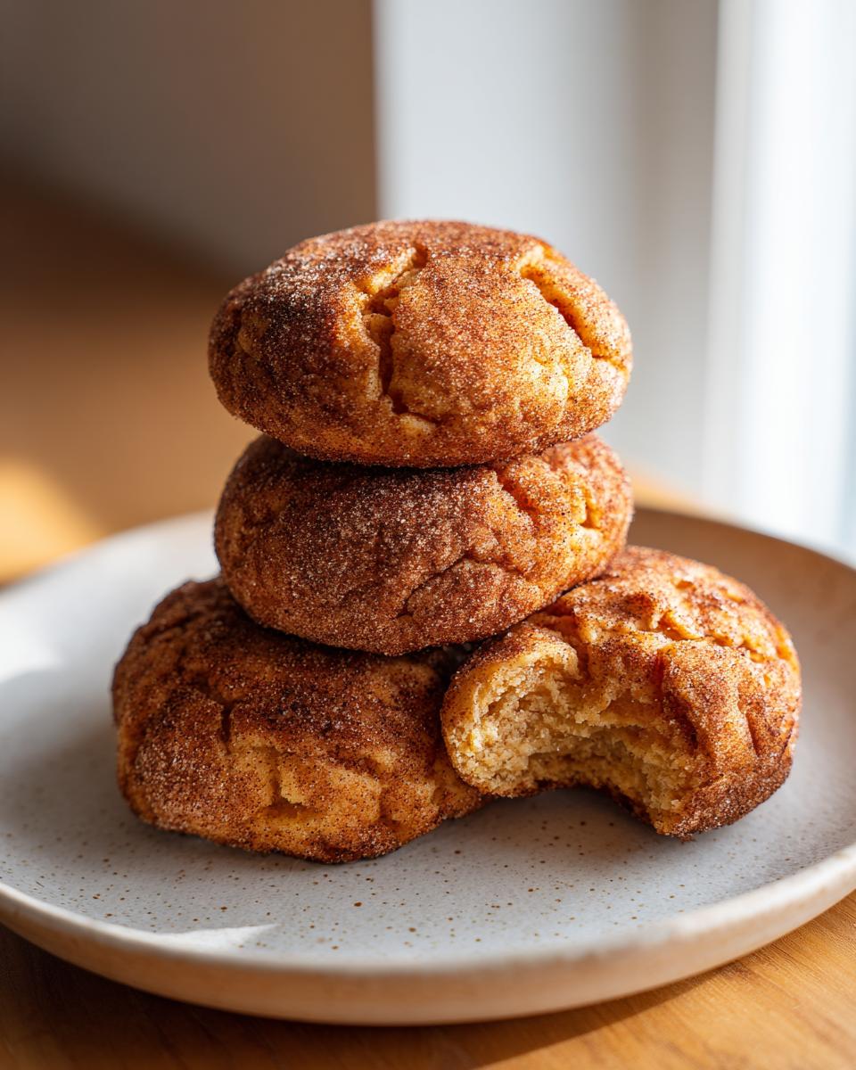 A stack of three soft, round applesauce cookies coated in cinnamon sugar, with one cookie showing a bite taken out.
