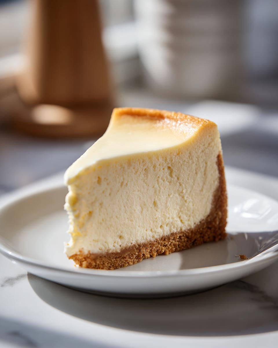 A close-up of a perfect slice of classic cheesecake recipe on a white plate.