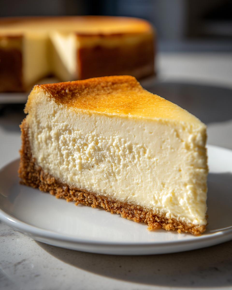 A close-up slice of creamy, baked cheesecake with a golden top and graham cracker crust, part of a cheesecake recipe.