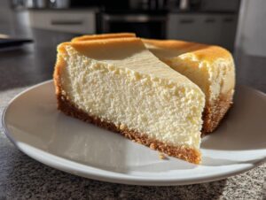 A thick slice of creamy, baked cheesecake with a graham cracker crust, ready to eat.