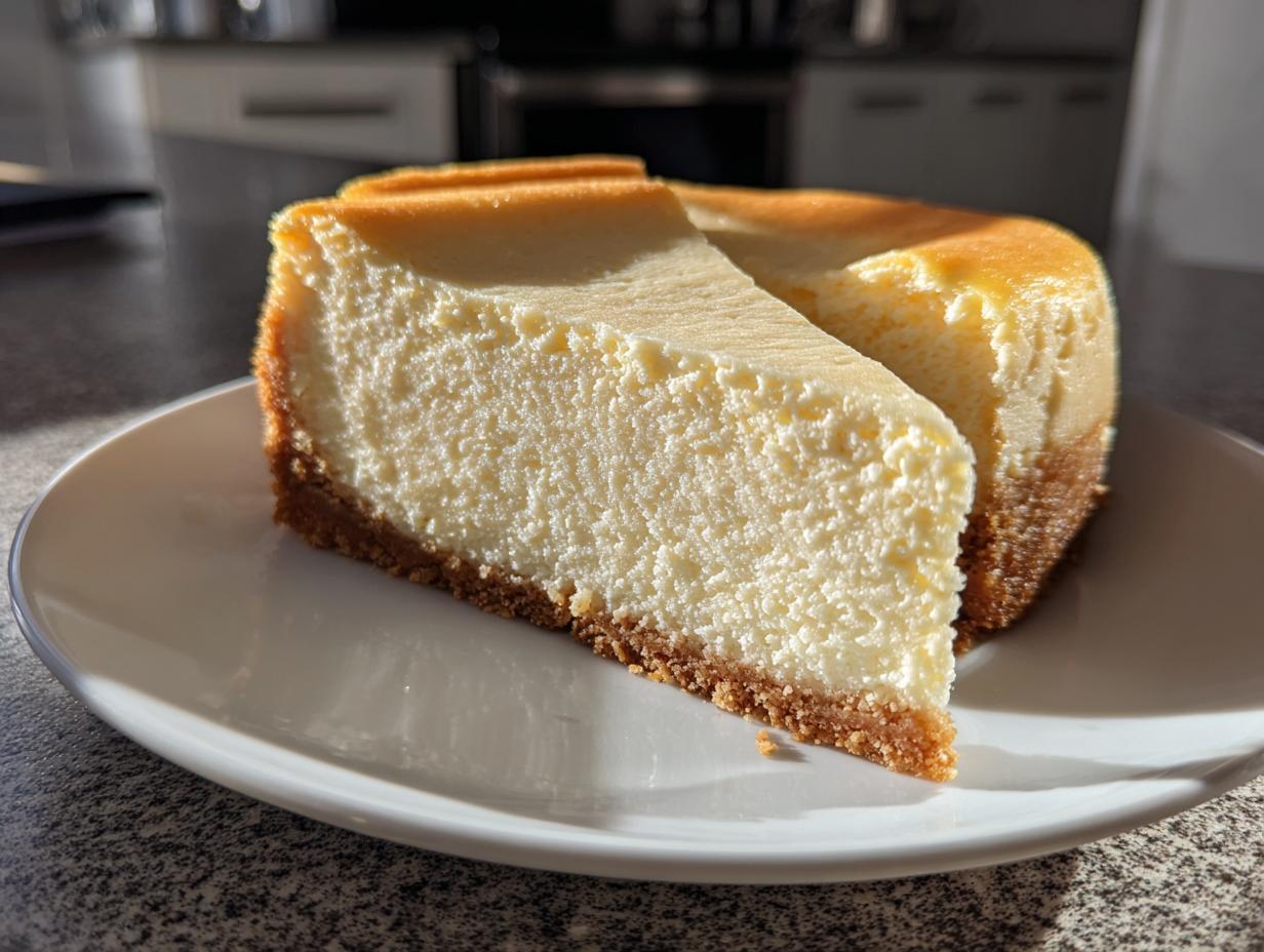 A thick slice of creamy, baked cheesecake with a graham cracker crust, ready to eat.