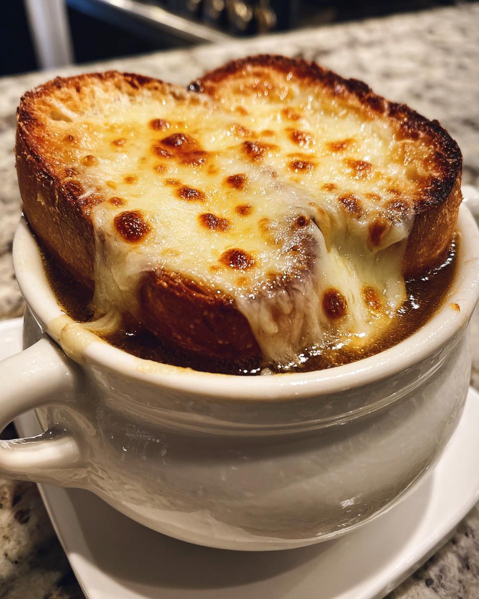 Close-up of a rich bowl of french onion soup topped with a thick, broiled crouton covered in melted, bubbly Gruyère cheese.