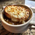 Close-up of a steaming bowl of french onion soup topped with a thick slice of toasted bread and bubbly, browned Gruyère cheese.