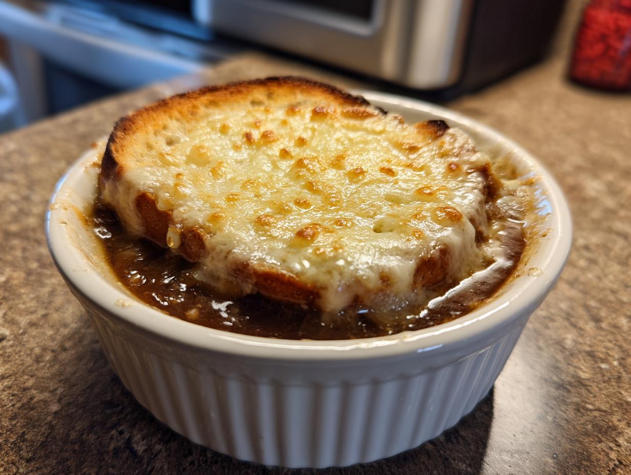 A close-up of a bubbling bowl of classic french onion soup topped with a toasted crouton and thick layer of melted, browned Gruyère cheese.
