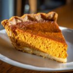 A close-up of a perfect slice from a classic pumpkin pie recipe showing the rich orange filling and flaky crust.