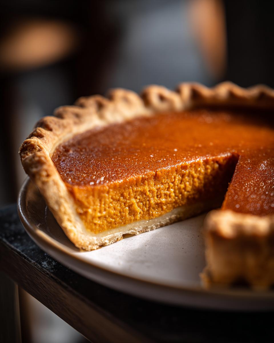 A close-up of a rich, orange slice cut from a classic pumpkin pie recipe on a light plate.