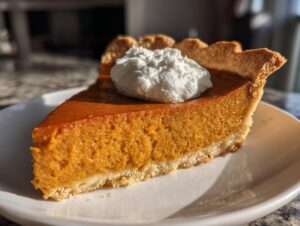 A close-up of a slice of classic pumpkin pie recipe topped with whipped cream.