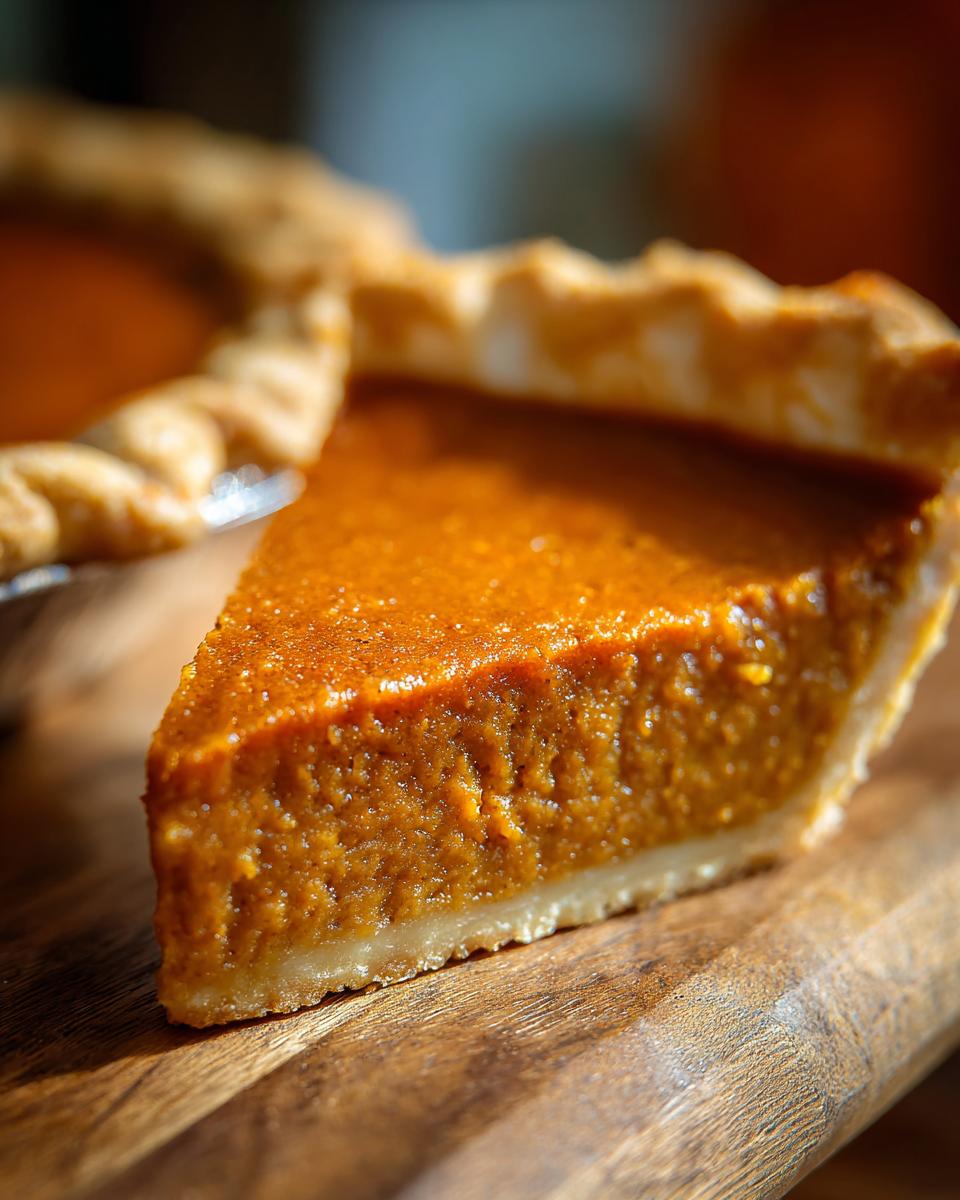 A close-up of a perfect slice from a classic pumpkin pie recipe showing the creamy orange filling and flaky crust.