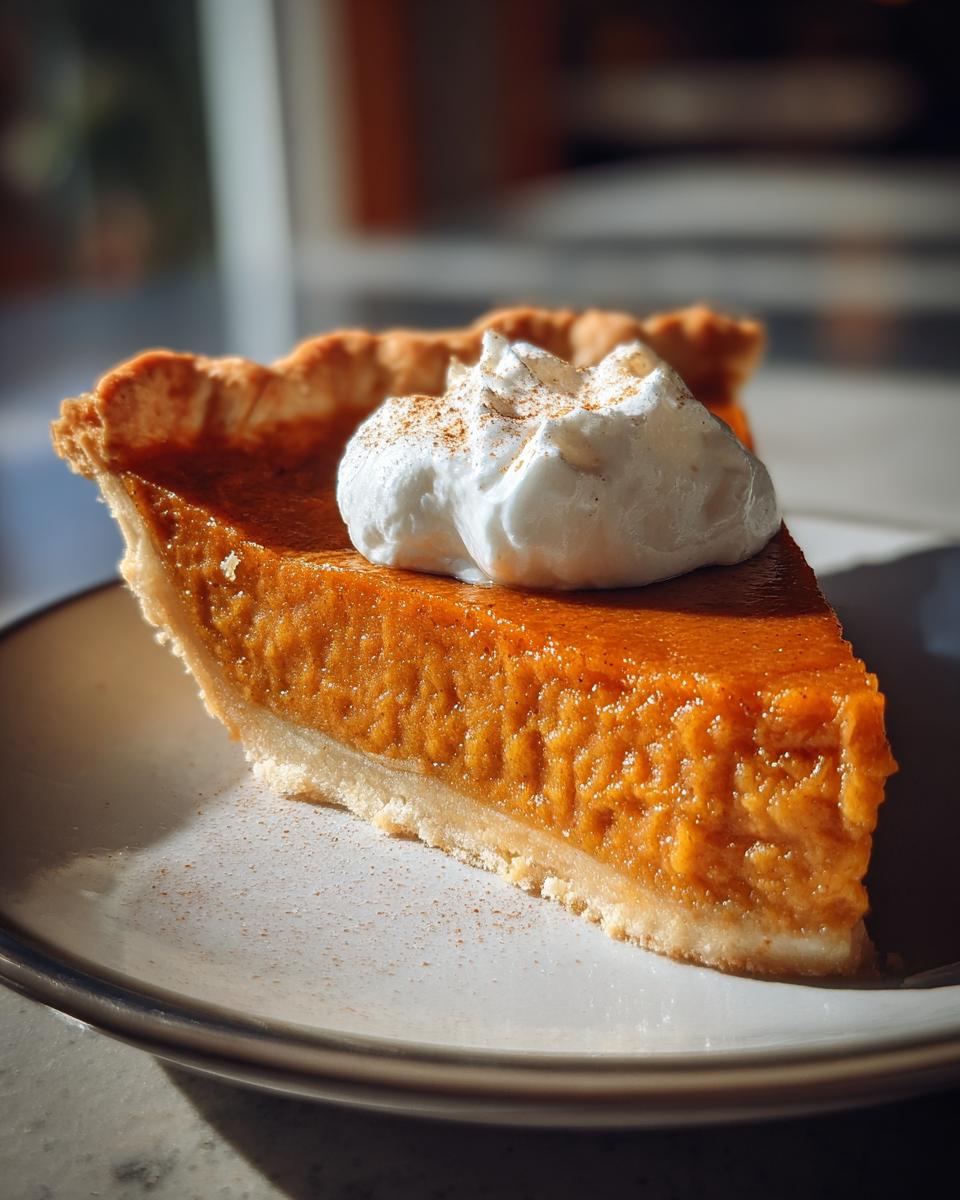 A close-up of a creamy slice of classic pumpkin pie topped with whipped cream and cinnamon.