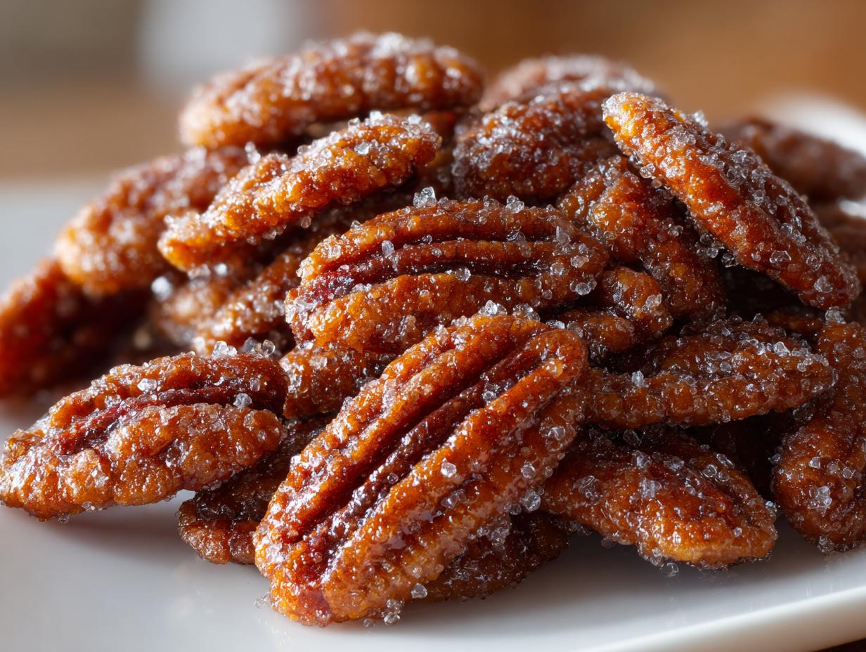 A close-up pile of shiny, brown candied pecans heavily coated in coarse sugar crystals.