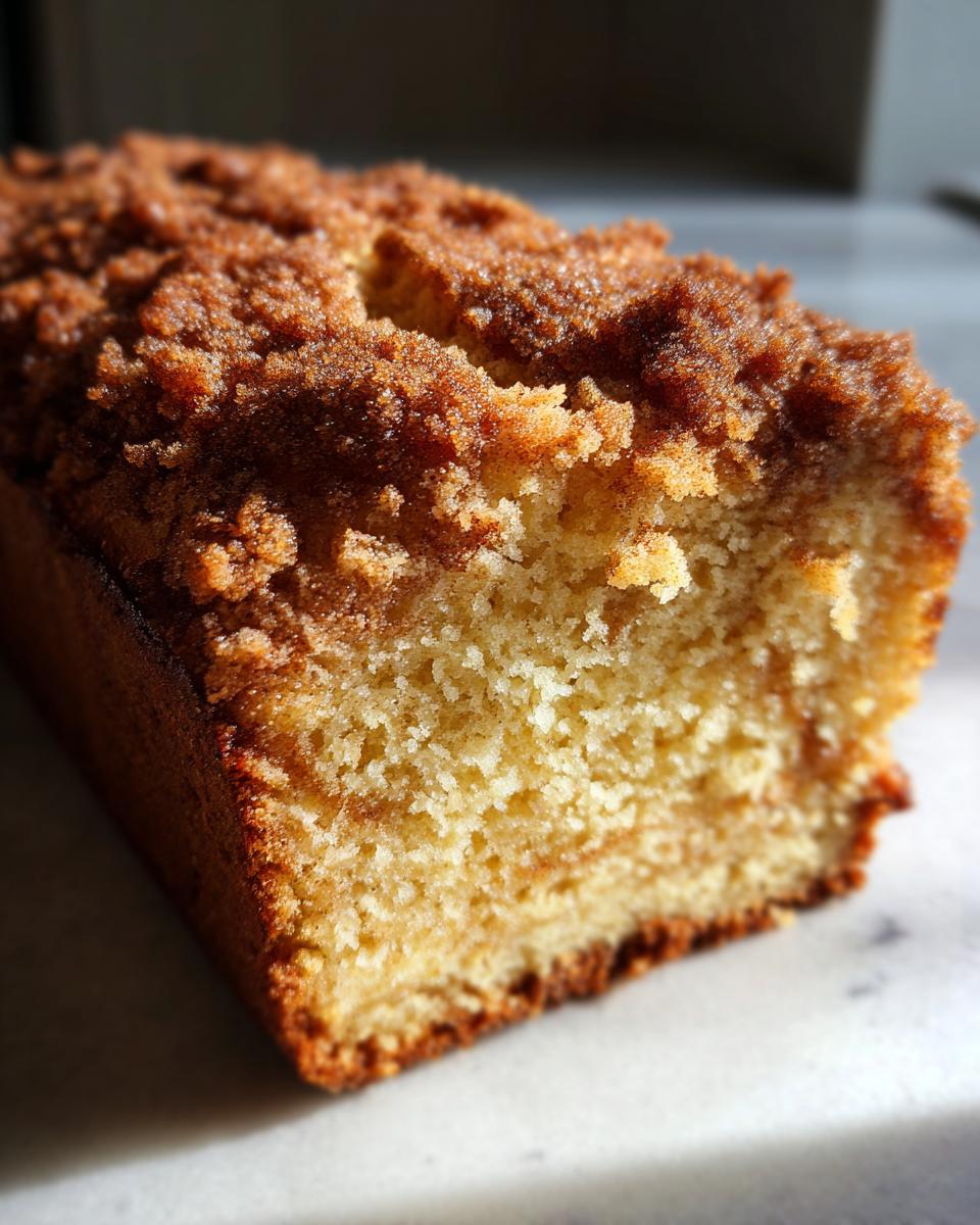 Close-up view showing the moist interior and thick cinnamon streusel topping of a freshly baked coffee cake.