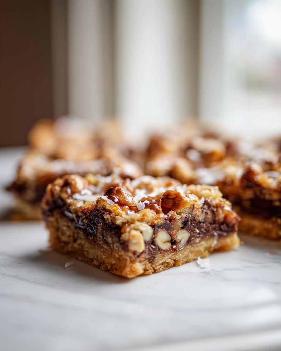 A close-up cross-section of a rich magic cookie bars square showing the crust, chocolate, nuts, and coconut topping.