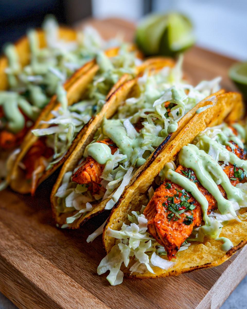 A row of crispy salmon tacos filled with shredded cabbage and drizzled generously with a light green, creamy sauce.