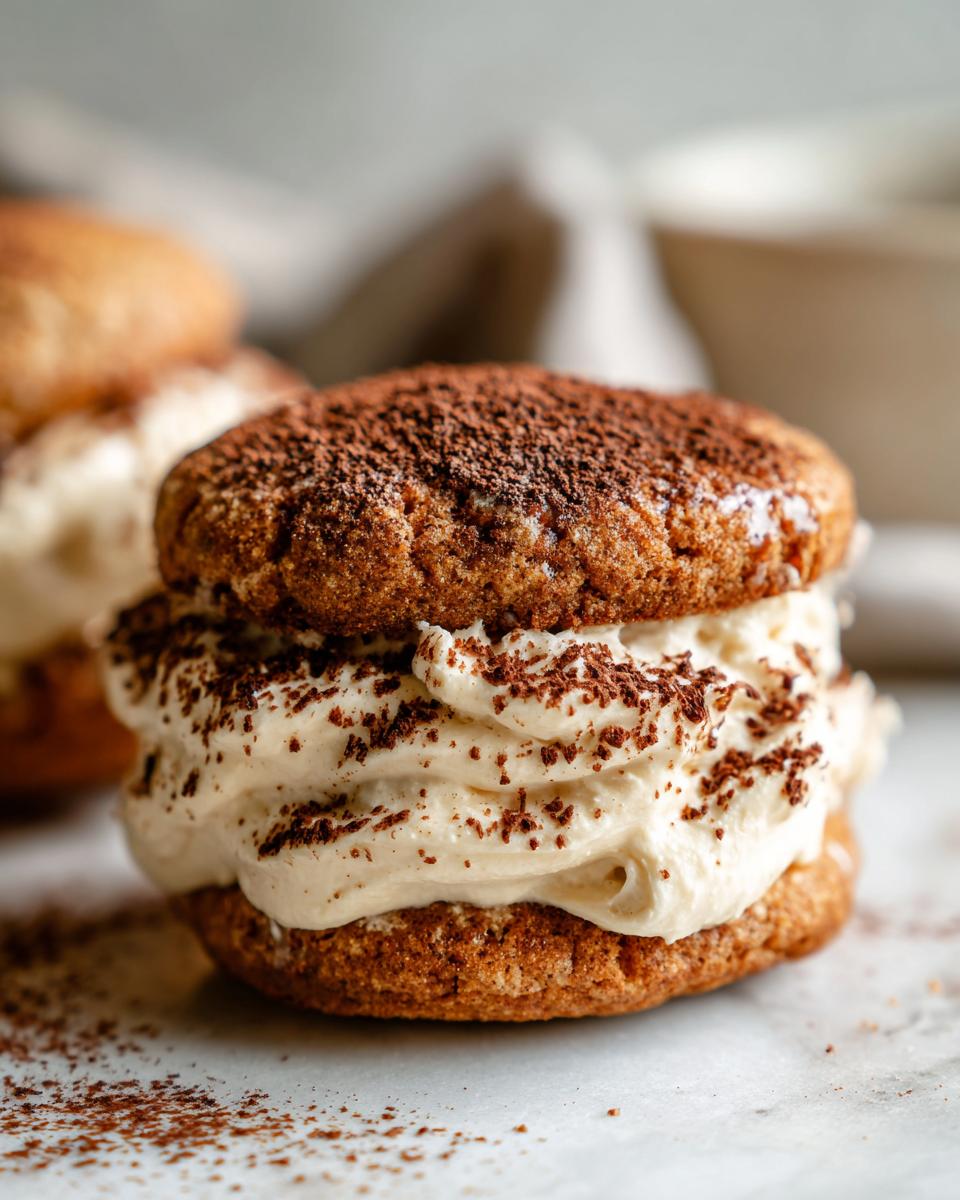 A close-up of a decadent tiramisu cookie sandwich filled with rich cream and dusted heavily with cocoa powder.