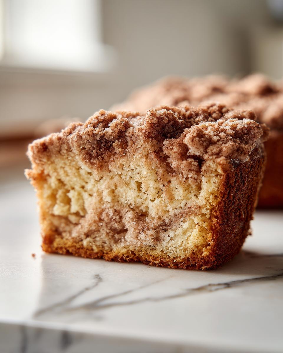 A close-up view of a moist slice of coffee cake featuring a thick, crumbly cinnamon streusel topping.