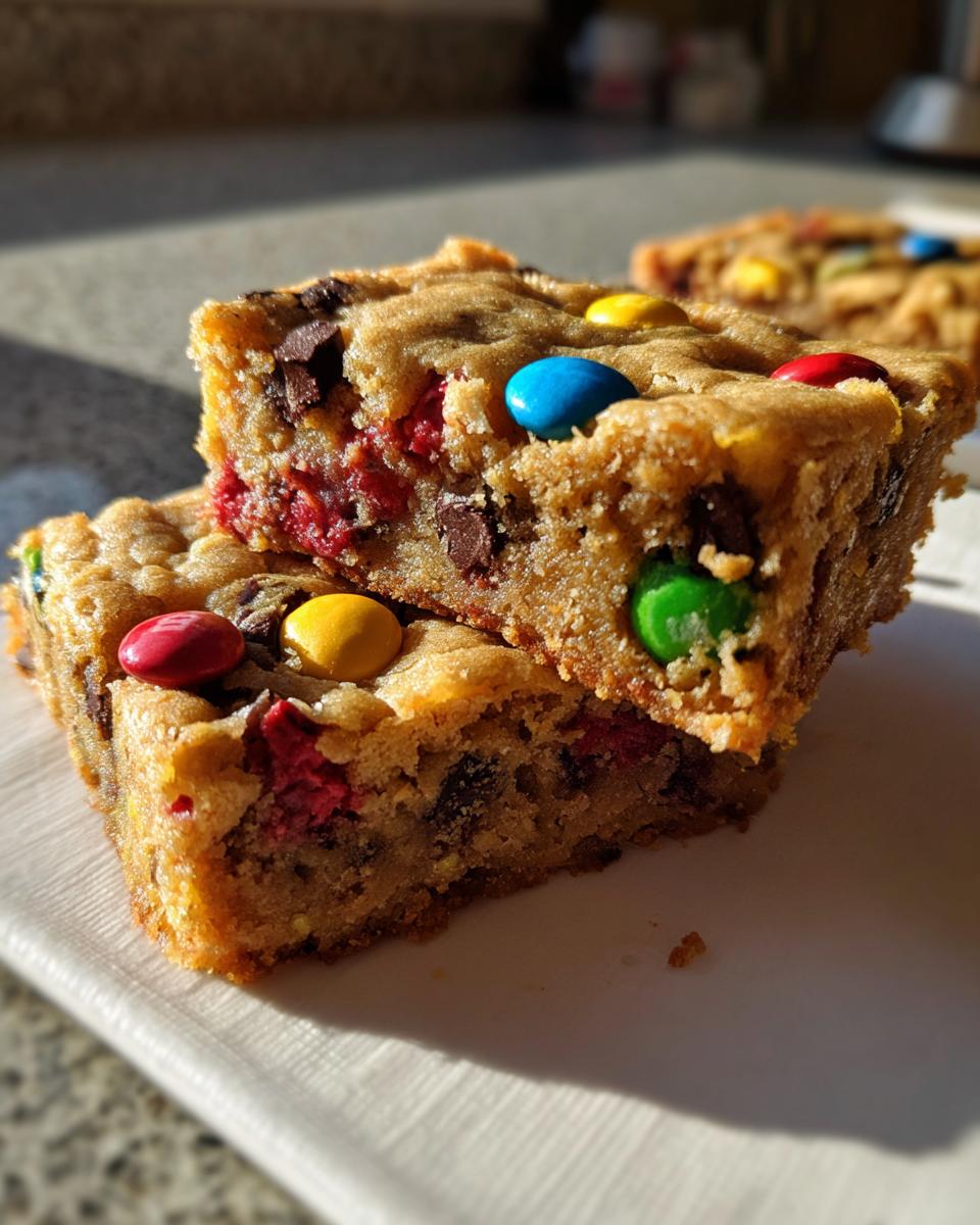 Two stacked, thick Christmas cookie bars loaded with chocolate chips, red fruit pieces, and colorful M&Ms.