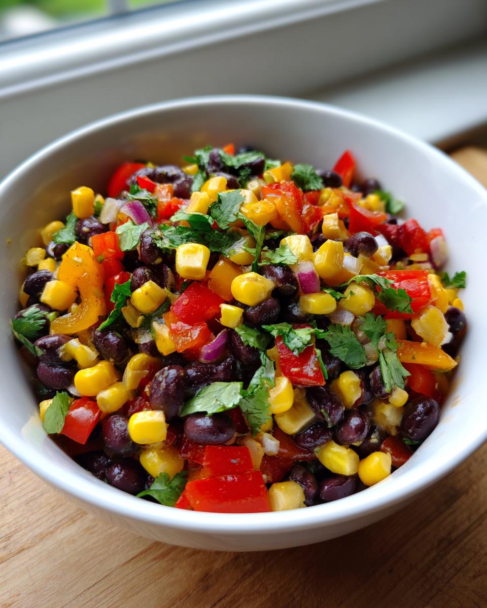 Close-up of a white bowl filled with vibrant cowboy caviar featuring black beans, corn, red pepper, and cilantro.