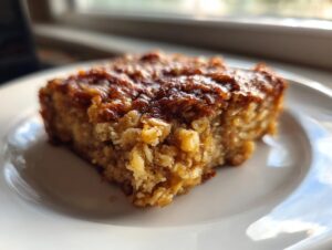 A close-up, golden-brown square of moist baked oatmeal served on a white plate near a window.