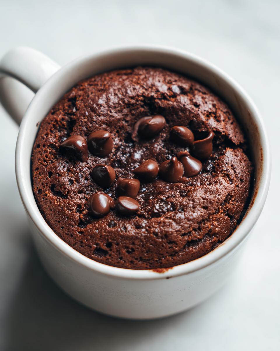 Close-up of a rich, dark chocolate Cottage Cheese Microwave Brownie topped with chocolate chips in a white mug.