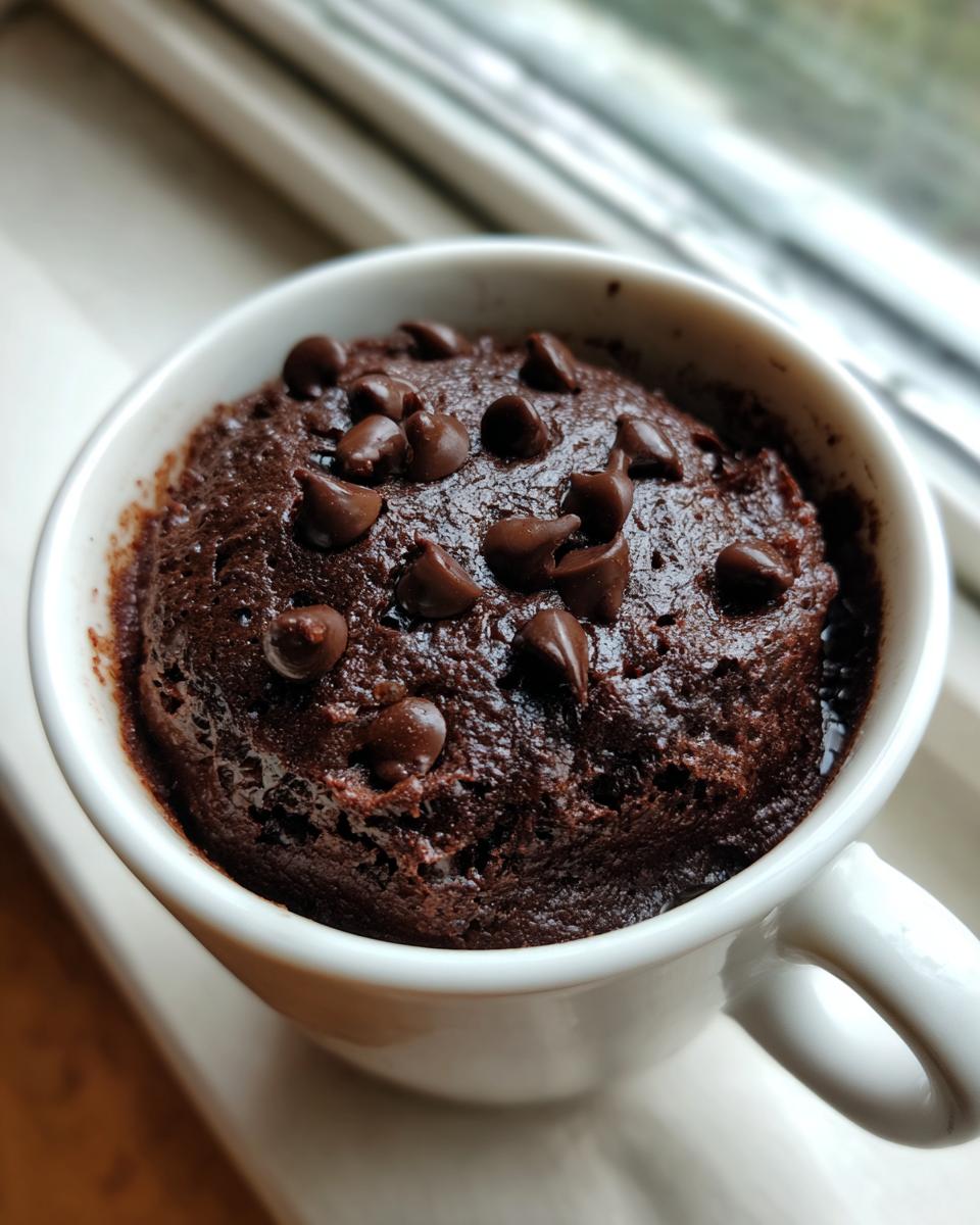 Close-up of a rich, dark chocolate Cottage Cheese Microwave Brownie topped with chocolate chips in a white mug.