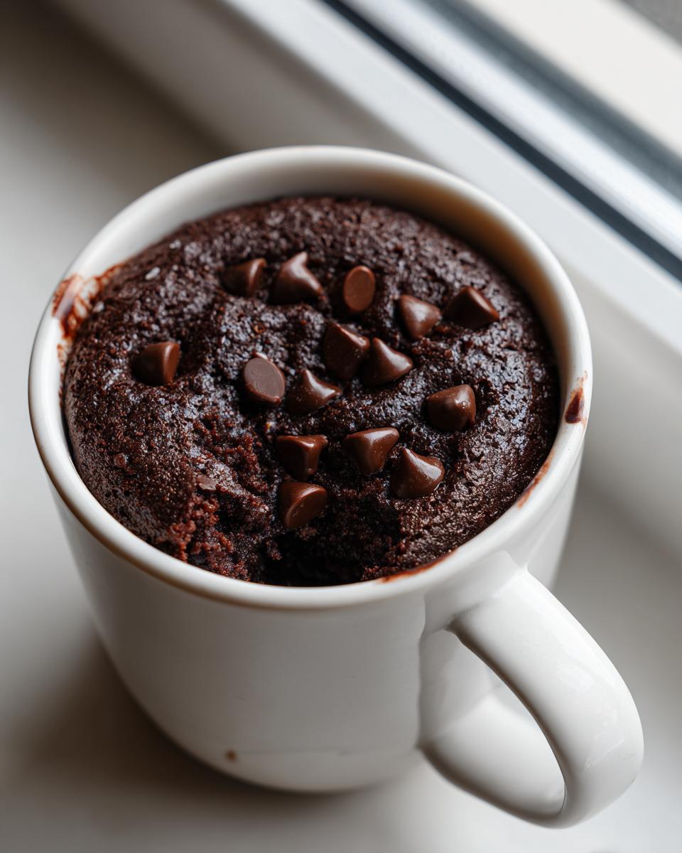 A rich, dark chocolate Cottage Cheese Microwave Brownie topped with chocolate chips, served in a white mug.
