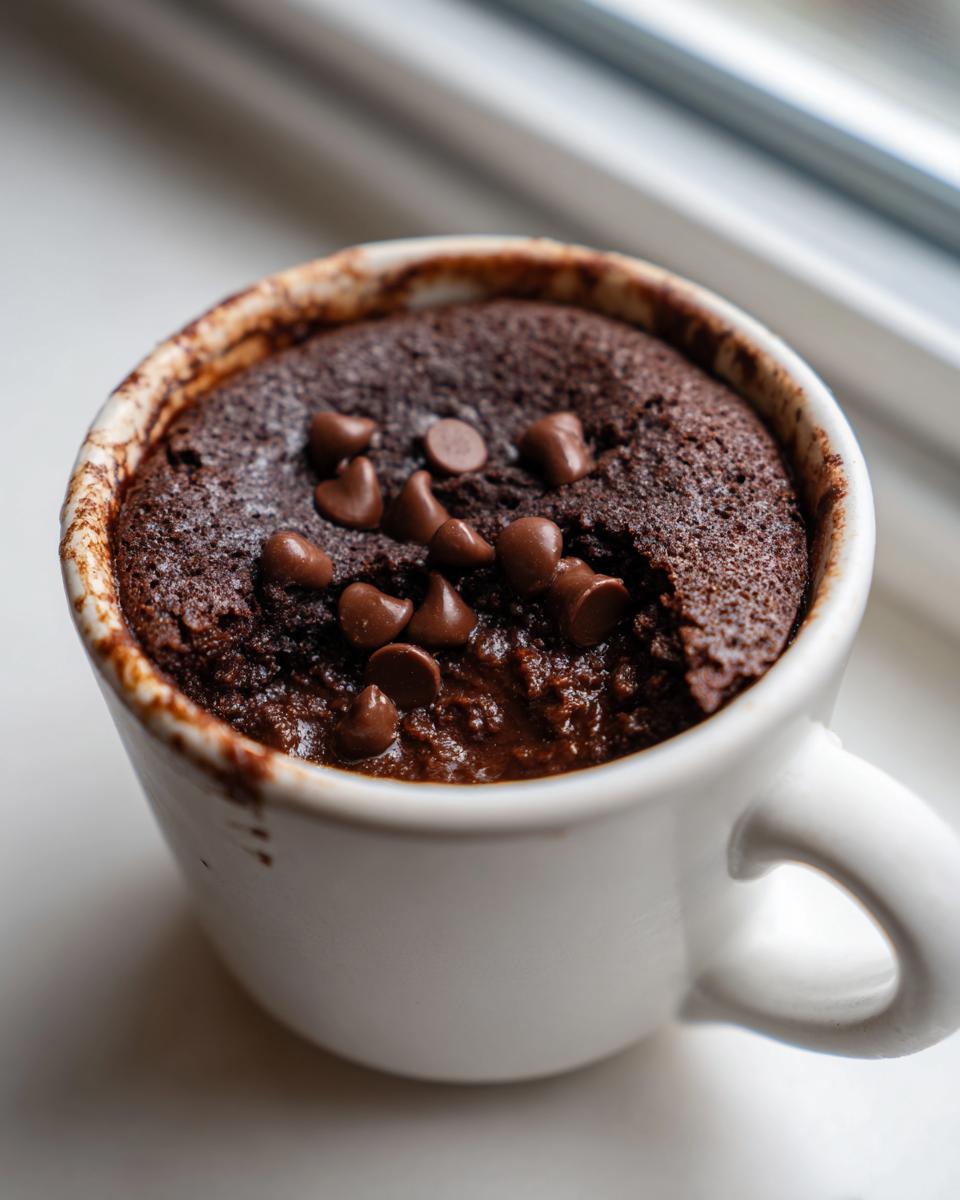 Close-up of a rich, dark chocolate Cottage Cheese Microwave Brownie topped with melted chocolate chips in a white mug.