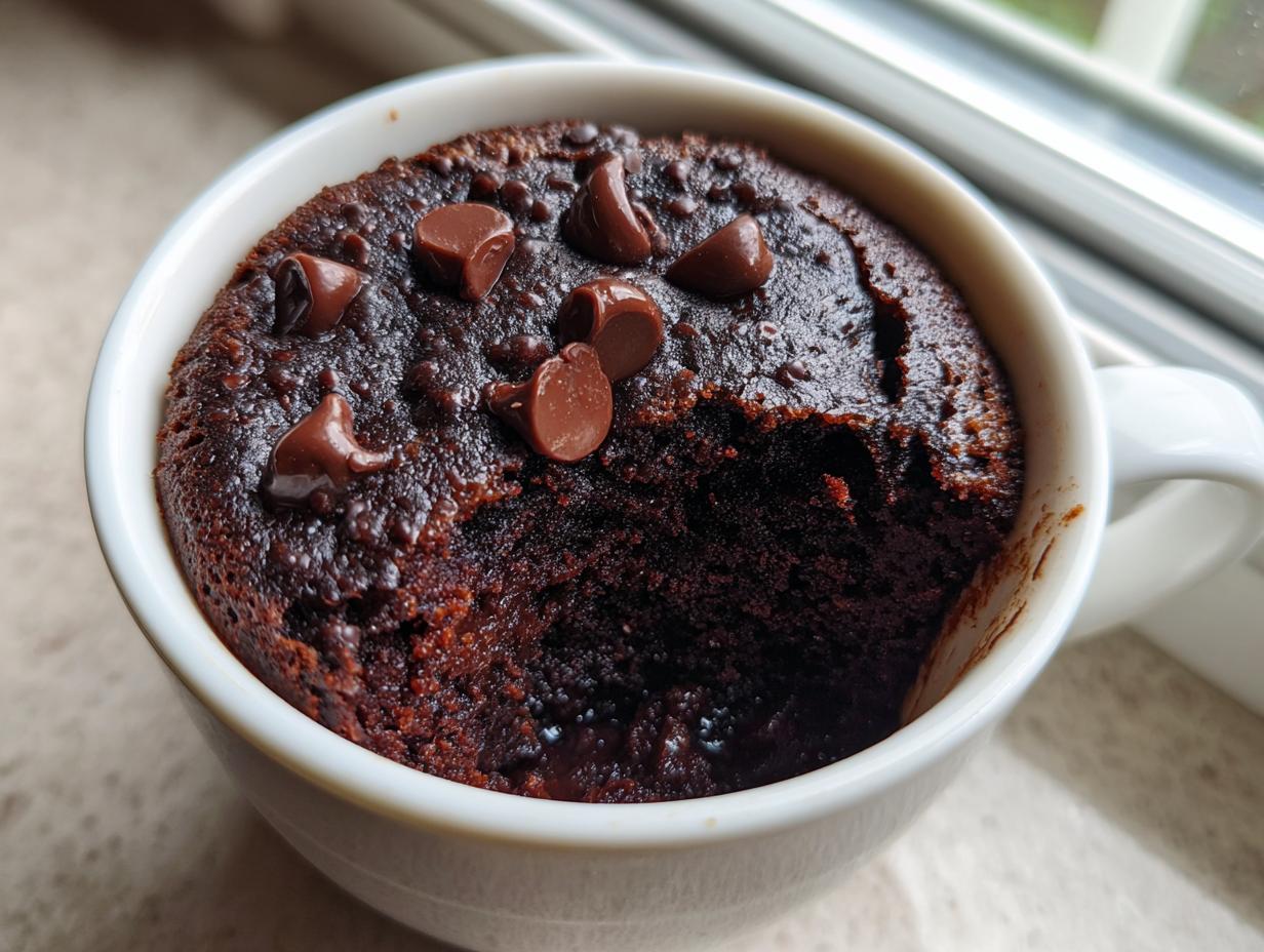 A rich, dark chocolate Cottage Cheese Microwave Brownie topped with melted chocolate chips in a white mug.