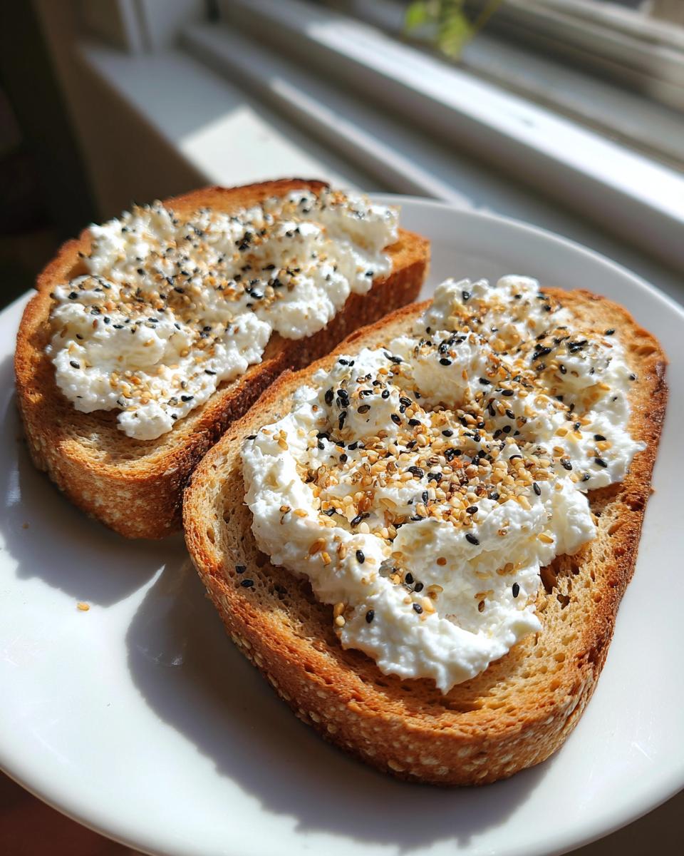 Two slices of golden brown cottage cheese toast topped generously with creamy cottage cheese and everything bagel seasoning.