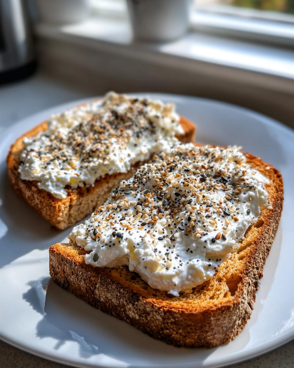 Two slices of golden brown cottage cheese toast topped generously with everything bagel seasoning, ready for breakfast.