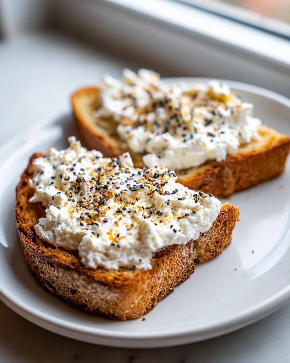 Two slices of toasted bread topped with creamy cottage cheese toast and everything bagel seasoning.