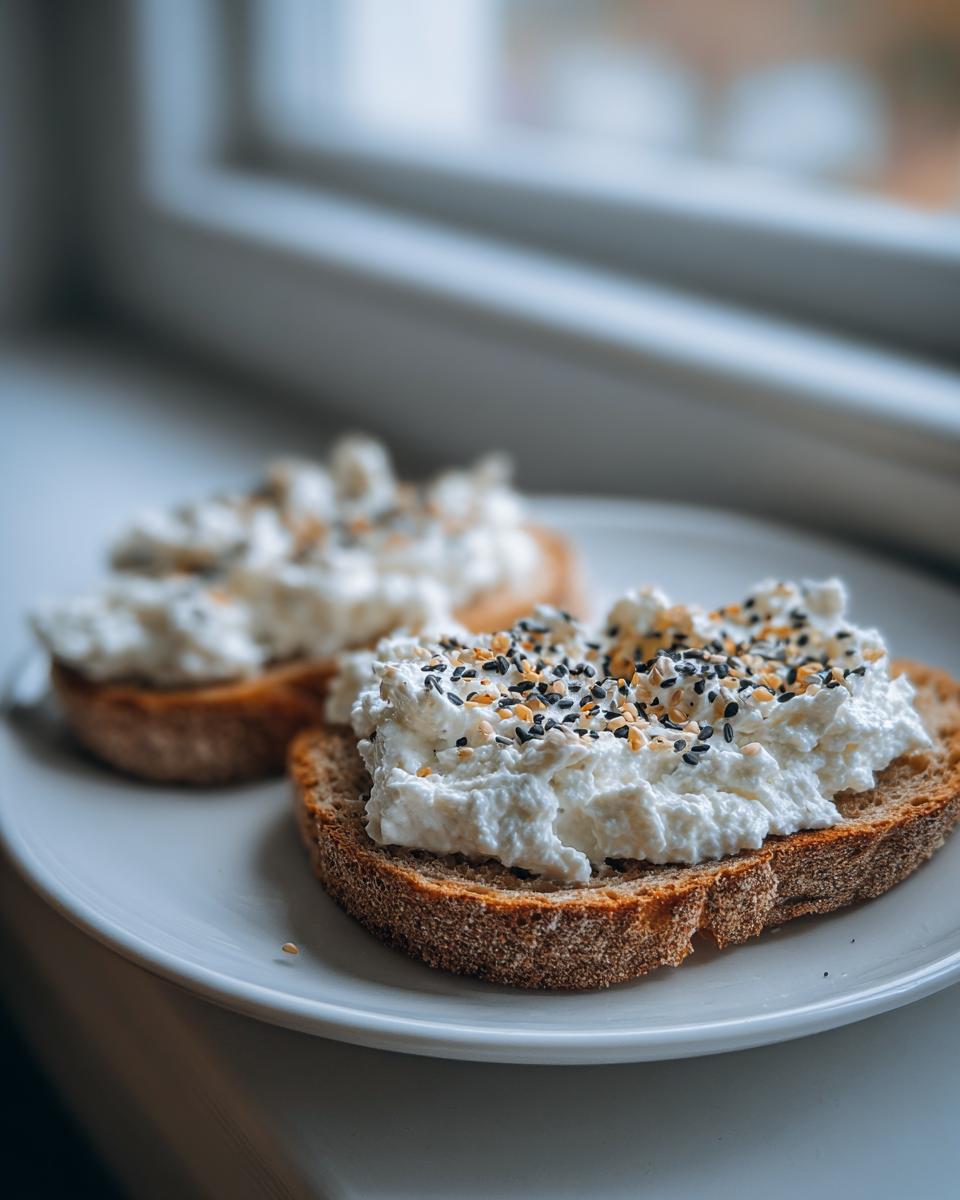 Two slices of whole-grain cottage cheese toast topped generously with creamy cottage cheese and everything bagel seasoning.