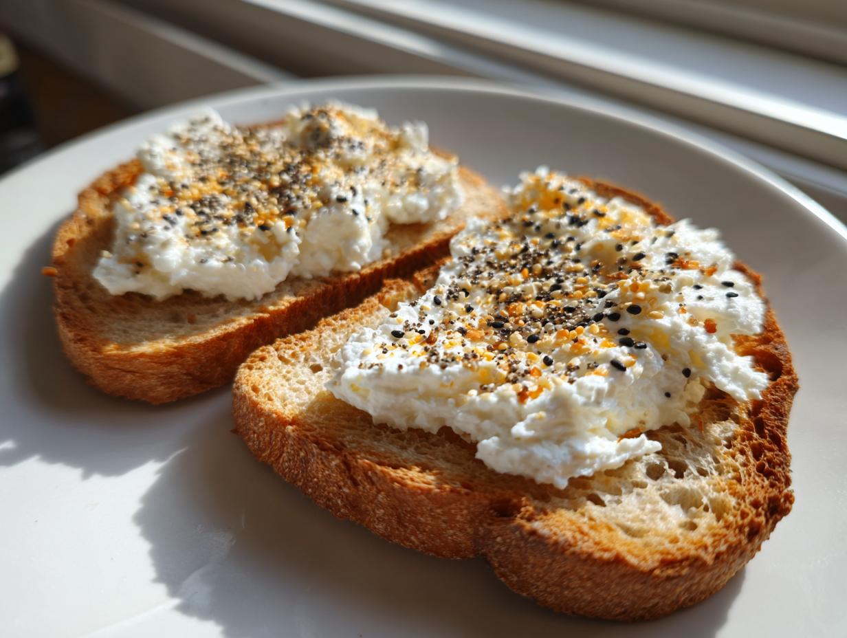 Two slices of toasted bread topped with creamy cottage cheese toast and everything bagel seasoning.