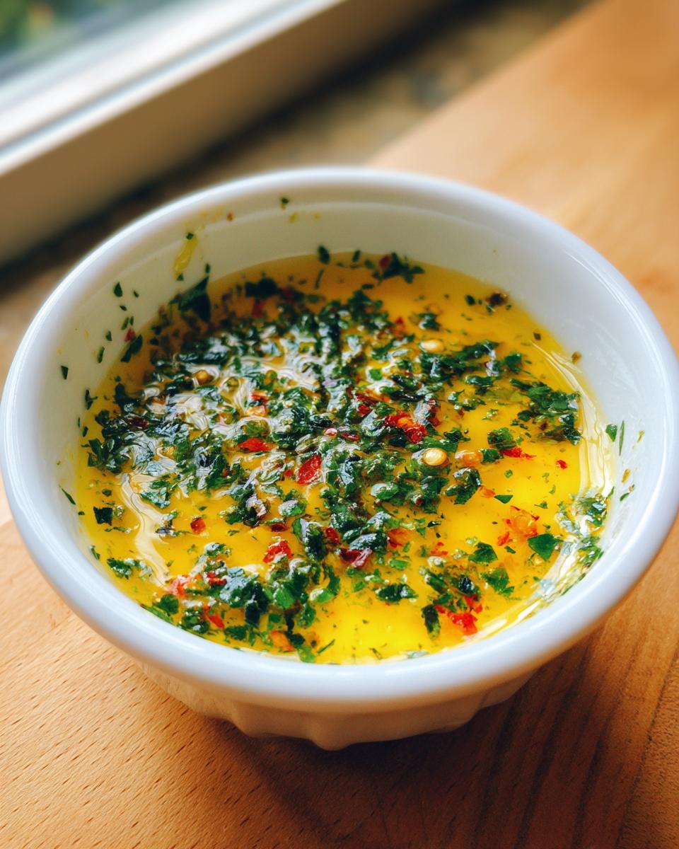 Close-up of vibrant yellow cowboy butter dipping sauce topped with green herbs and red pepper flakes in a small white bowl.