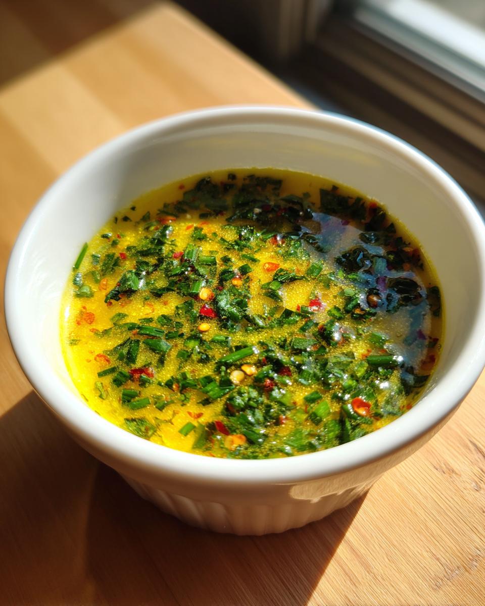 Close-up of vibrant yellow cowboy butter dipping sauce topped with fresh green herbs and red pepper flakes in a white bowl.