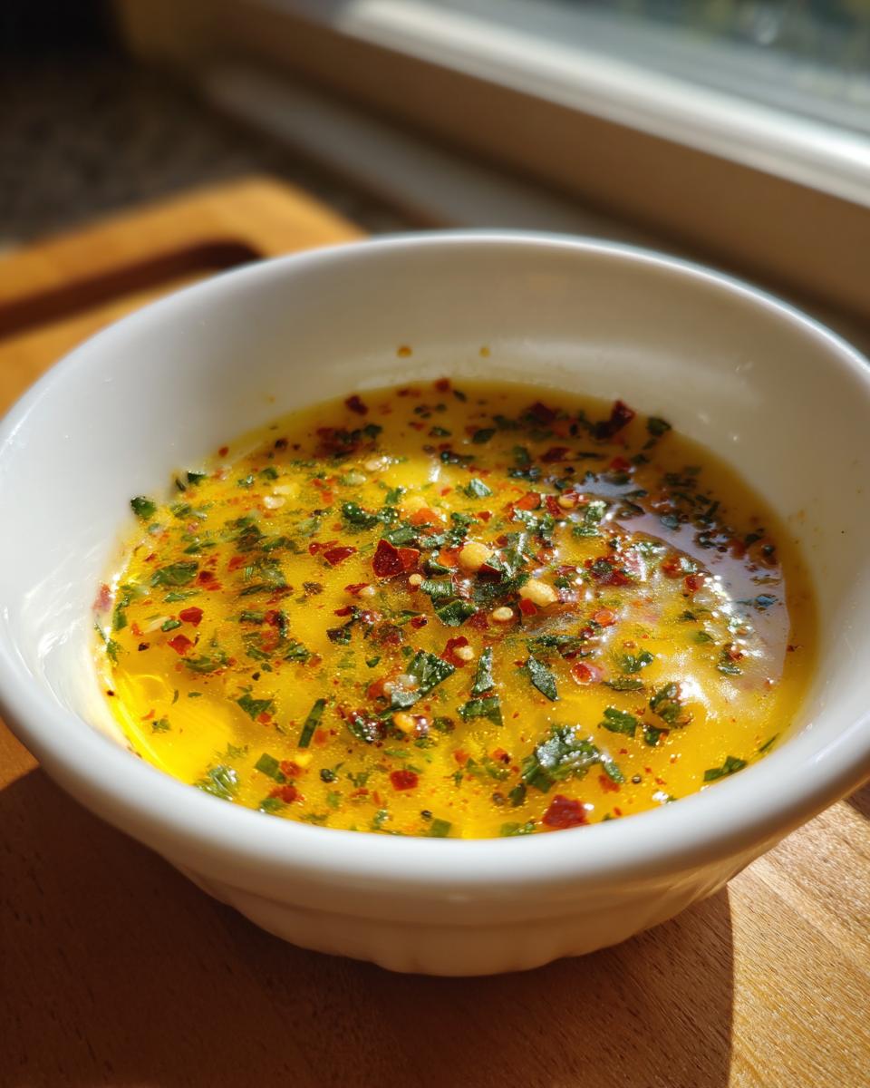 Close-up of melted butter with herbs and red pepper flakes, our cowboy butter dipping sauce.