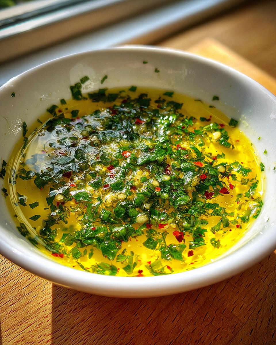 Close-up of vibrant yellow cowboy butter dipping sauce with chopped green herbs and red pepper flakes.