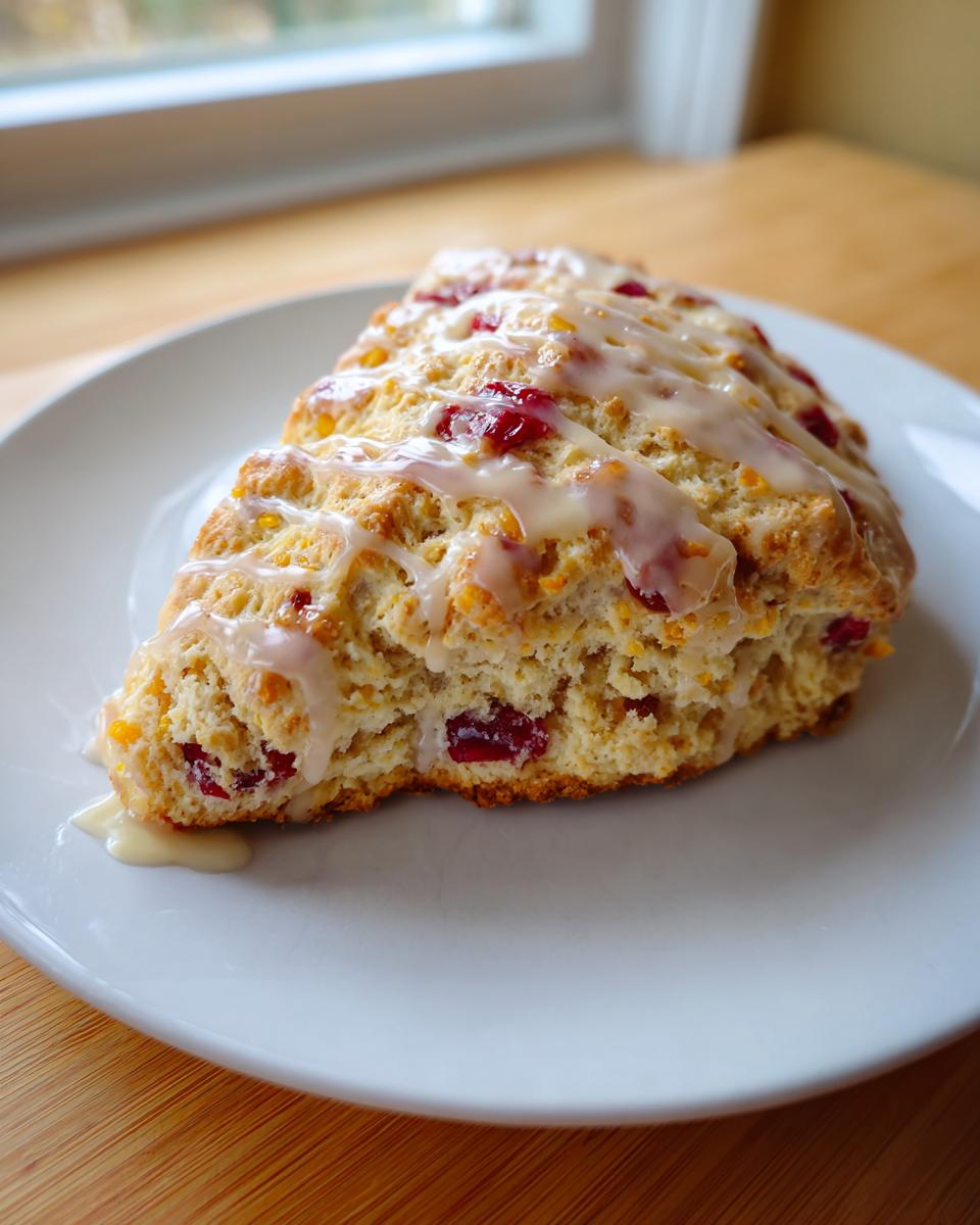 A close-up of a single, triangular cranberry orange scone drizzled with white glaze, resting on a white plate.